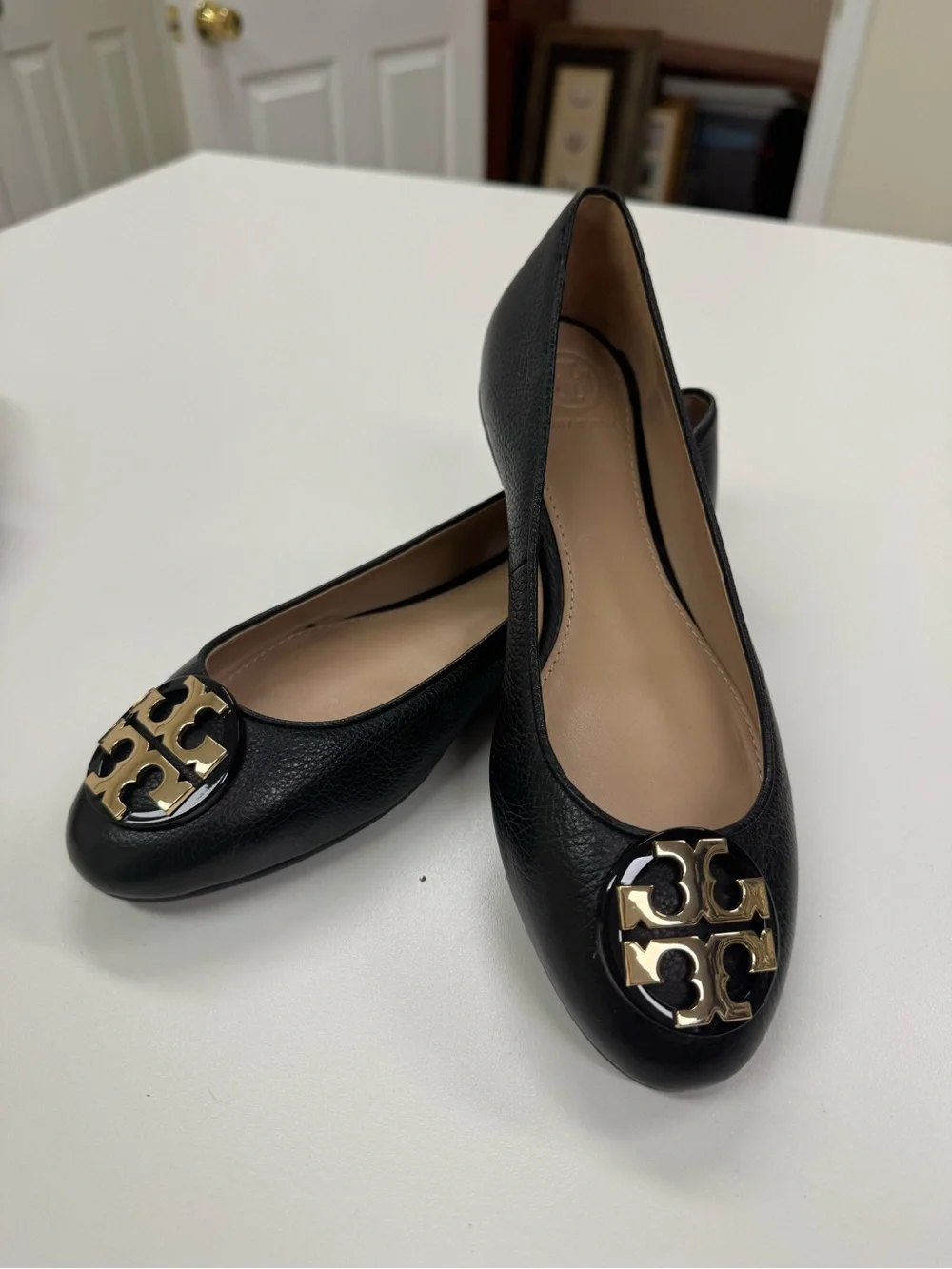 Tory Burch Black Leather Ballet Flats with Gold Logo Medallion